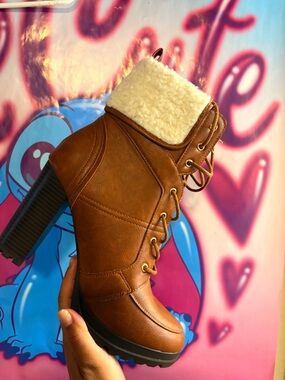 JustFab Brown Lace-Up Shearling Cuff Block Heel Boot